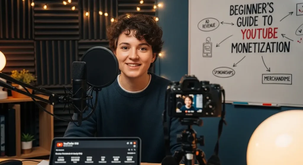 Beginner YouTuber recording content in a small home studio setup.