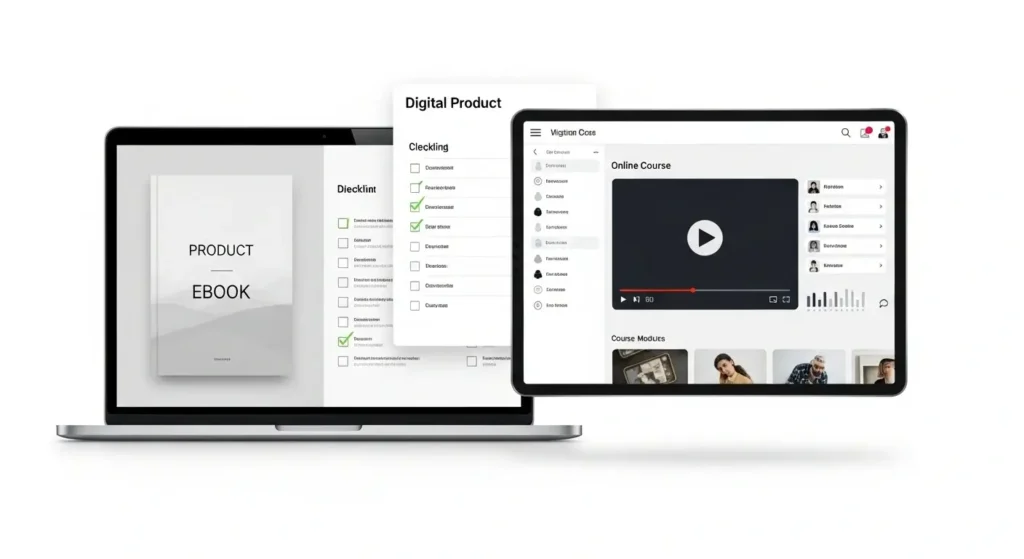 Digital products like ebooks and courses sold by small YouTube creators.
