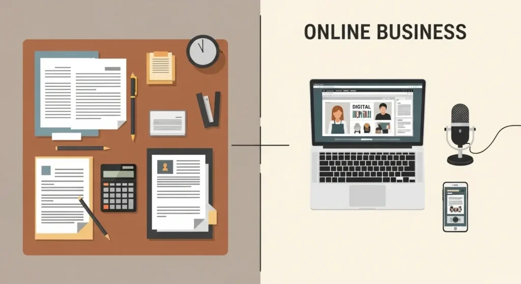 Visual comparison between traditional office job and digital creator income model