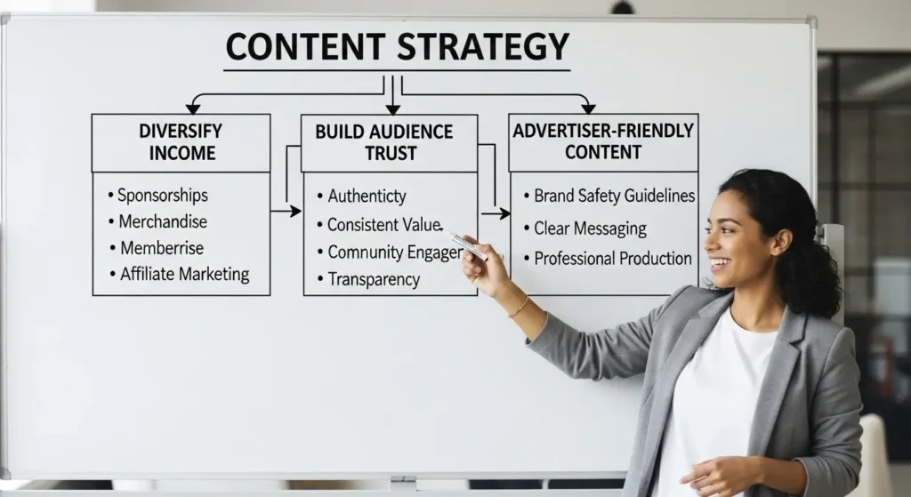 Creator outlining diversified YouTube monetization strategy on whiteboard