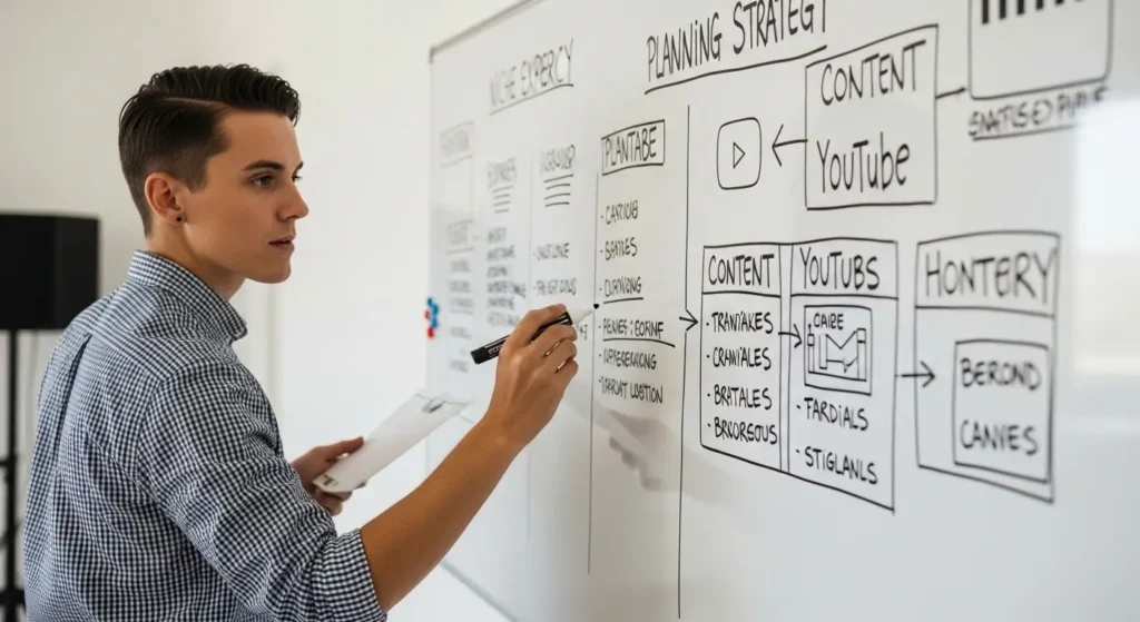 Planning a profitable YouTube niche strategy on whiteboard