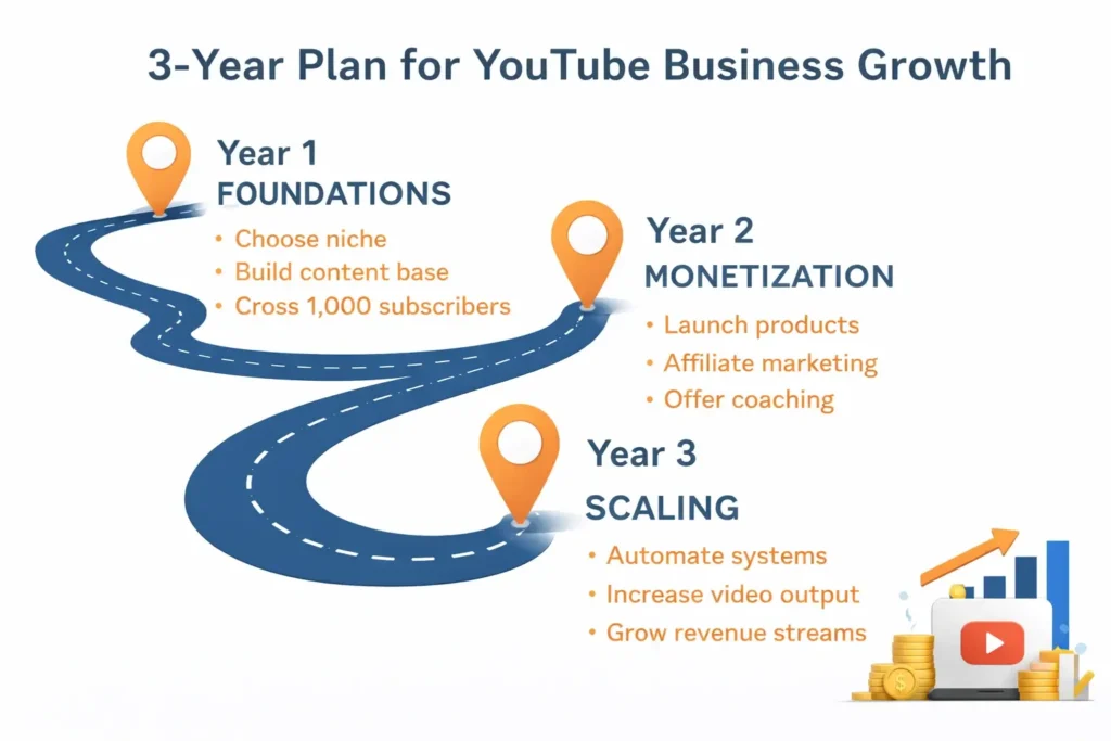 Three year YouTube business growth plan after 35