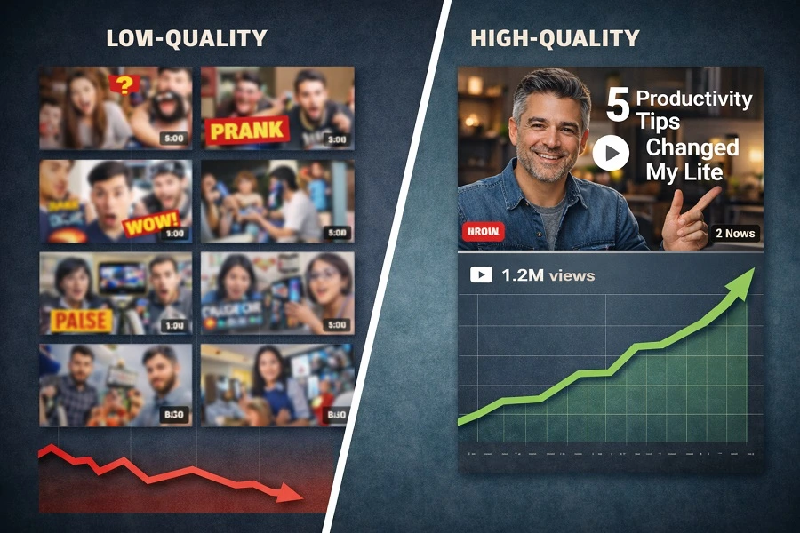 Comparison between many low-quality videos and one high-quality evergreen video