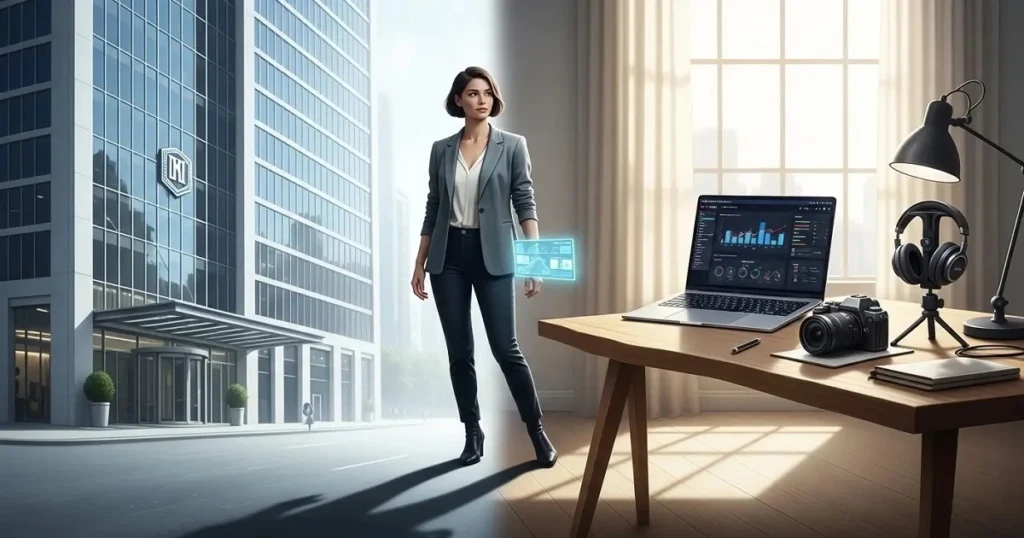 Professional transitioning from corporate employee to digital creator workspace representing career pivot model in 2026